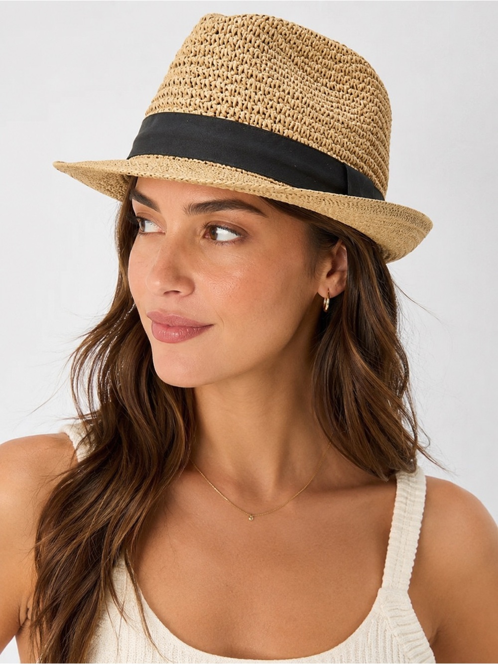 Women’s Straw Fedora with Black Band — Tan